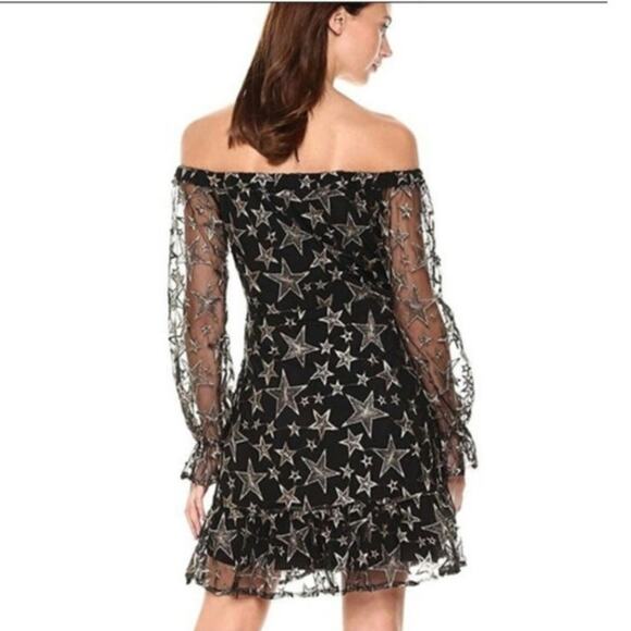 Sam Edelman Off The Shoulder Gold Silver Sparkle Star Mesh Sheer Dress NWT 14 - Picture 2 of 8